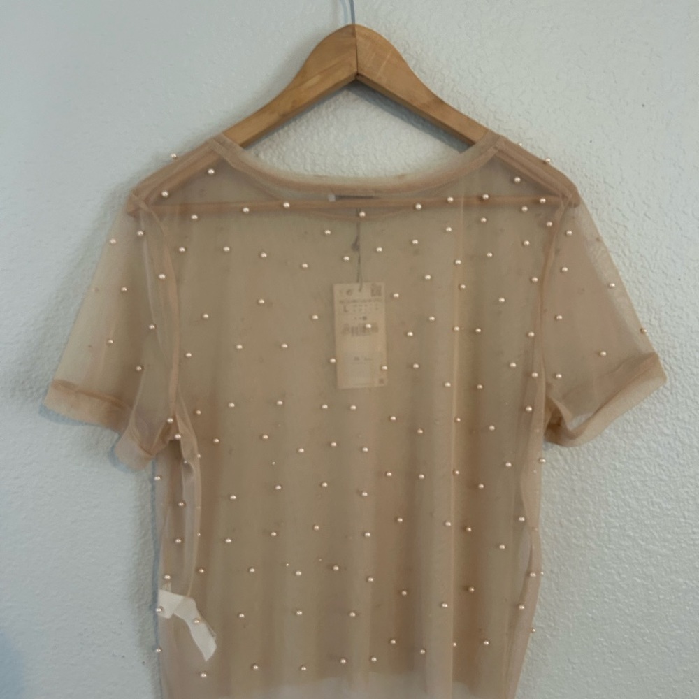 Sheer NWT Pearl Embellished Tan Top Size Large - Picture 3 of 3